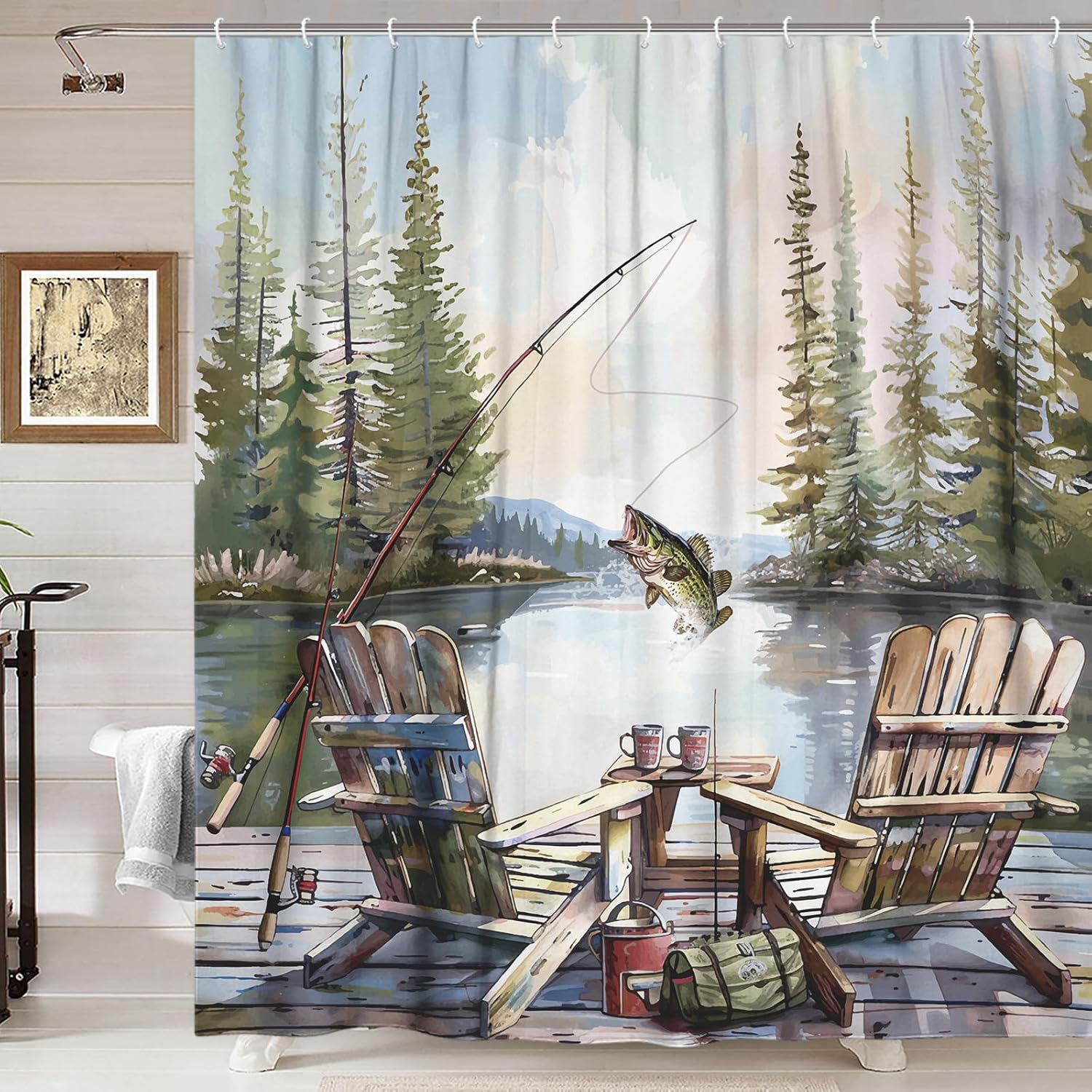 Rustik Balıkçılık Duş Perdesi, - Hunting And Camping In Forest incelemesi ve fiyatı